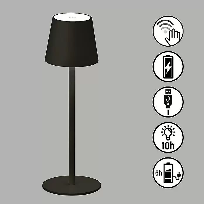 FHL easy Akku-Tischleuchte TROPEA - 2,5 W, L x B x H: 12 x 12 x 38 cm, Sandschwarz, Warmweiß - Schwarze wiederaufladbare Touch-Tischleuchte mit USB-Ladefunktion und langer Akkulaufzeit.