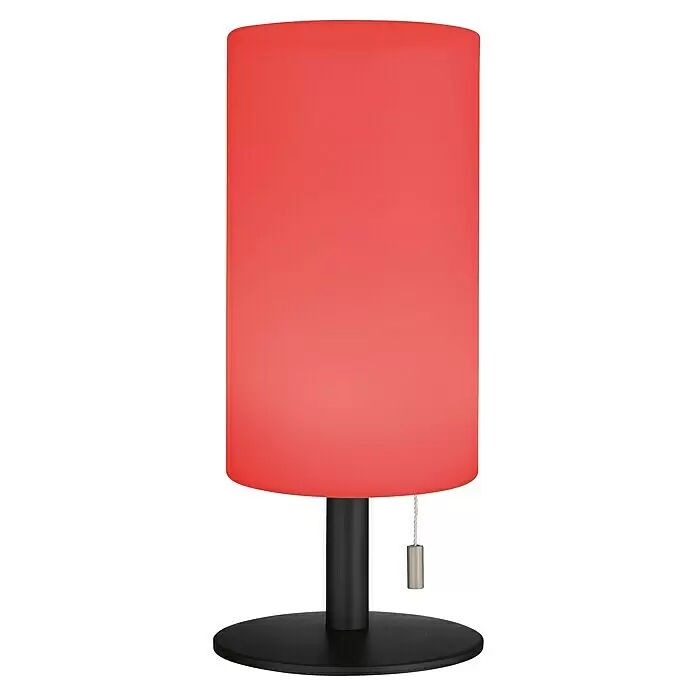 FHL easy Akku-Tischleuchte LARINO - 1,5 W, L x B x H: 12 x 12 x 28 cm, Sand, RGB - Rote zylindrische Tischleuchte mit schwarzem Sockel und Stiel, ausgestattet mit einer silbernen Zugkette.