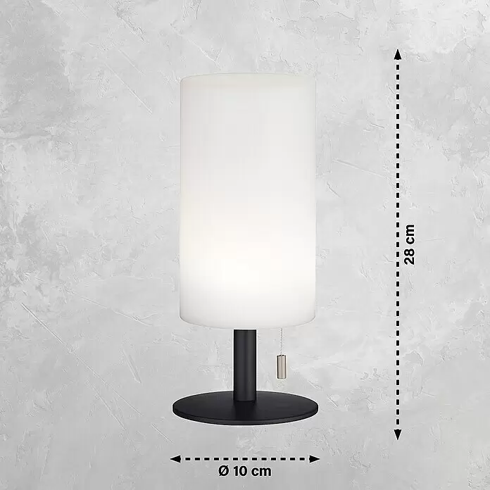 FHL easy Akku-Tischleuchte LARINO - 1,5 W, L x B x H: 12 x 12 x 28 cm, Sand, RGB - Weiße zylindrische Tischlampe mit schwarzem Fuß und Zugschalter, 28 cm hoch, Ø 10 cm.