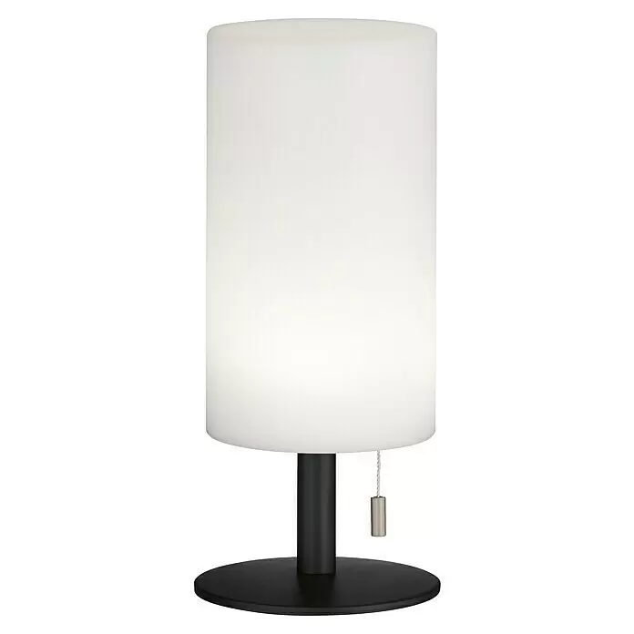 FHL easy Akku-Tischleuchte LARINO - 1,5 W, L x B x H: 12 x 12 x 28 cm, Sand, RGB - Weiße zylindrische Tischlampe mit schwarzem Sockel und Zugkettenschalter.