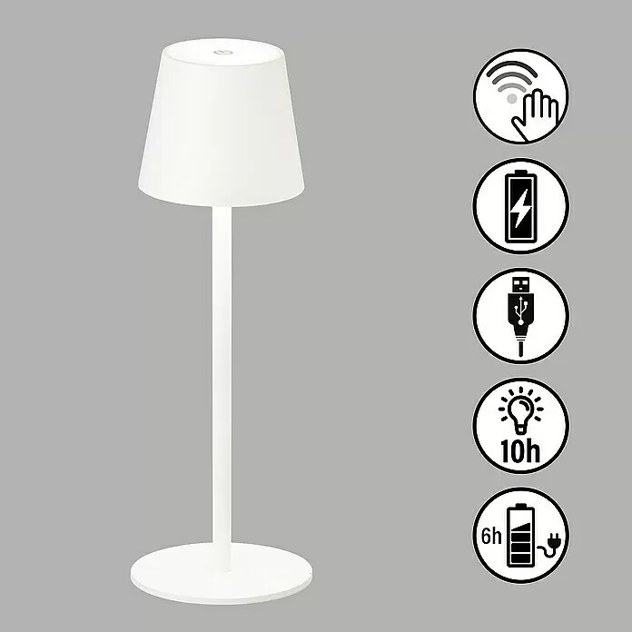 FHL easy Akku-Tischleuchte TROPEA - 2,5 W, L x B x H: 12 x 12 x 38 cm, Sandweiß, Warmweiß - Weiße Tischlampe mit Touch-Steuerung, USB-aufladbarem Akku, 10 Std. Leuchtdauer und 6 Std. Ladezeit.