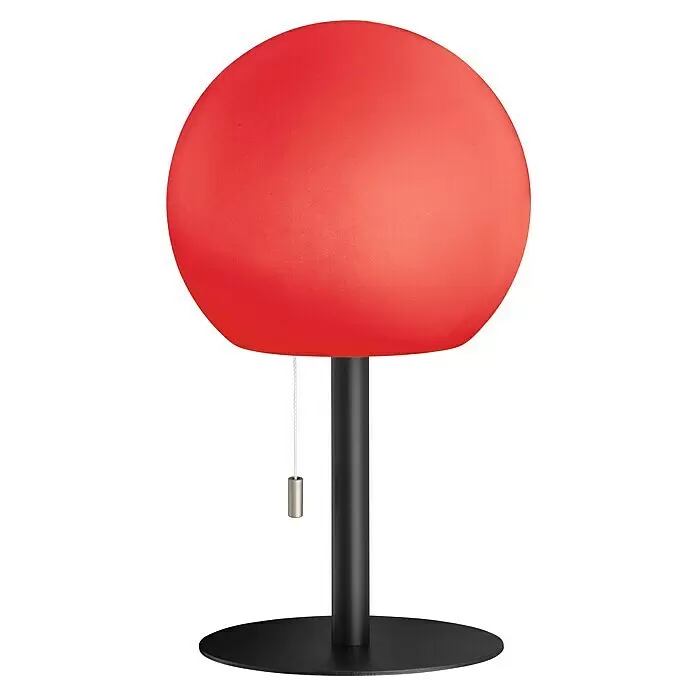 FHL easy Akku-Tischleuchte TRIVENTO - 1,5 W, L x B x H: 18 x 18 x 31 cm, Sandschwarz, RGB - Rote kugelförmige Tischlampe mit schwarzem Zylinderfuß, rundem Sockel und Zugschalter.