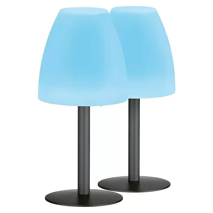 FHL easy Akku-Tischleuchte FIUMARA - 1,5 W, L x B x H: 14 x 14 x 30 cm, Sand, RGB, 2 Stk. - Zwei moderne Tischleuchten mit leuchtend blauen Schirmen und dunklen Sockeln.