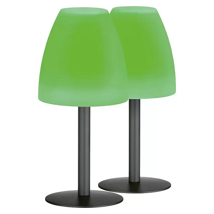 FHL easy Akku-Tischleuchte FIUMARA - 1,5 W, L x B x H: 14 x 14 x 30 cm, Sand, RGB, 2 Stk. - Zwei moderne Tischlampen mit grünen Schirmen und schwarzen Sockeln.