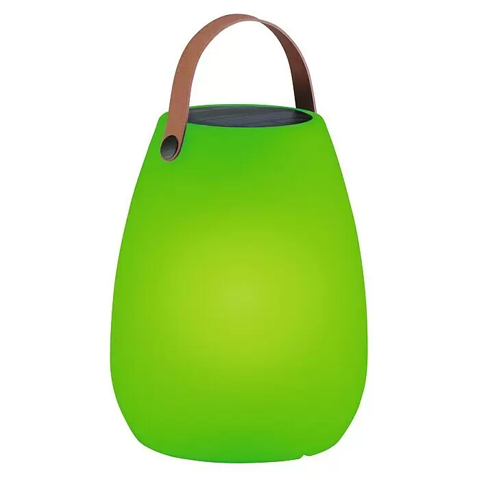 FHL easy Akku-Tischleuchte RUBY Solar - 0,5 W, L x B x H: 18 x 18 x 30 cm, Weiß, RGB - Grüne tragbare Solarlaterne mit braunem Griff.