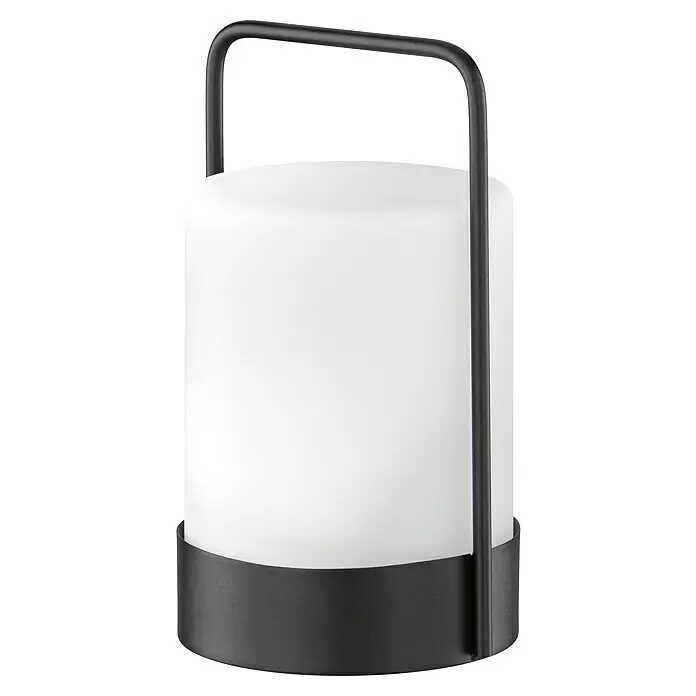 FHL easy Akku-Tischleuchte CASOLI - 0,1 W, L x B x H: 12 x 12 x 20 cm, Weiß, RGB - Tragbare LED-Laterne mit weißem zylindrischem Diffusor und dunklem Metallgriff und -sockel.