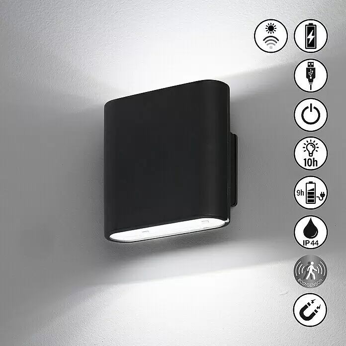 FHL easy Magnetic Akku-Wandleuchte - 5,5 x 10 x 10 cm, Sandschwarz, Warmweiß, 1 W, IP44 - Schwarze Wandleuchte mit Up/Down-Licht, Solaraufladung, Akku, Bewegungssensor und IP44.