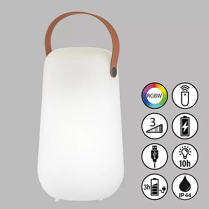 FHL easy Akku-Tischleuchte COLLGAR - 0,5 W, L x B x H: 15,5 x 15,5 x 26 cm, Weiß, RGB - Weiße tragbare RGBW LED-Laterne mit braunem Griff, Fernbedienung, 3 Dimmstufen, USB-Ladefunktion, 10h Akkulaufzeit und IP44.