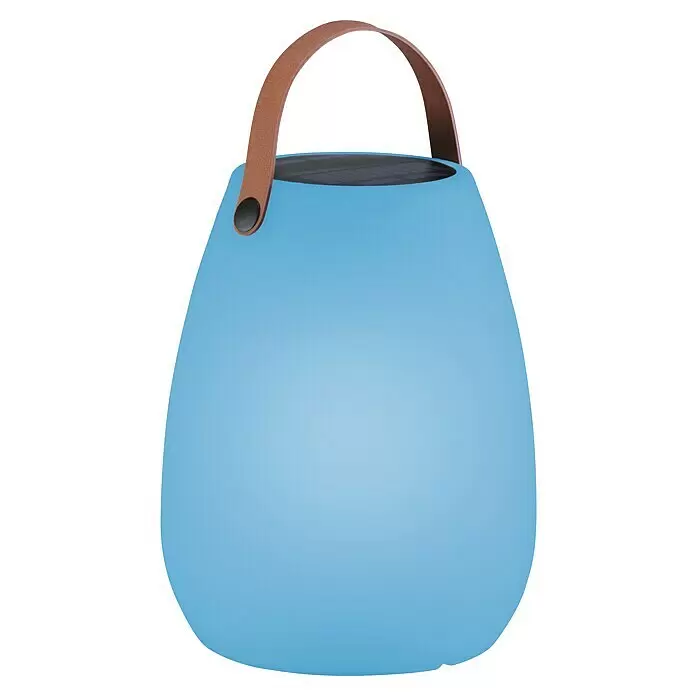 FHL easy Akku-Tischleuchte RUBY Solar - 0,5 W, L x B x H: 18 x 18 x 30 cm, Weiß, RGB - Hellblaue, birnenförmige Outdoor-Lampe mit braunem Griff und dunkler Oberseite.