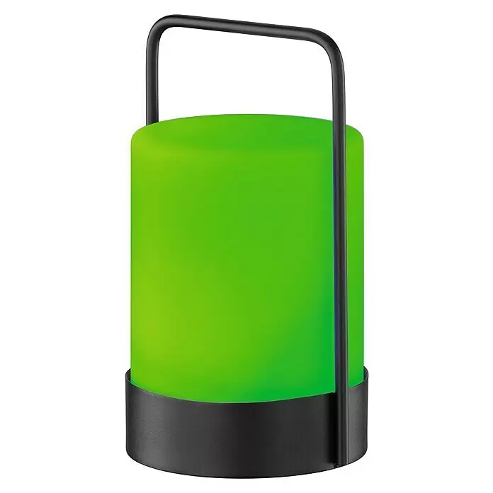 FHL easy Akku-Tischleuchte CASOLI - 0,1 W, L x B x H: 12 x 12 x 20 cm, Weiß, RGB - Grüne leuchtende zylindrische Laterne mit schwarzem Metallgriff und -sockel.