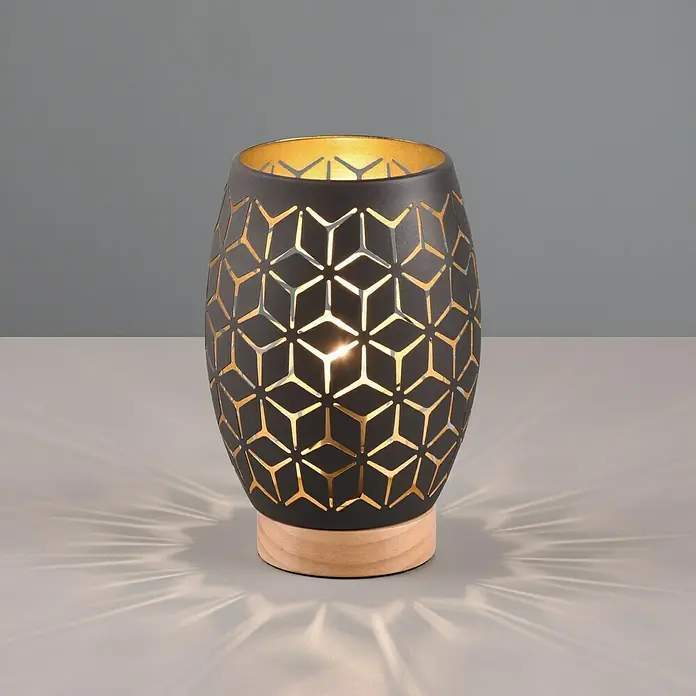 Reality Leuchten Bidar Tischleuchte - 28 W, Ø x H: 15 x 21 cm, Schwarz-Gold, E27 - Elegante Tischleuchte mit geometrischem Muster und warmem Lichtschein. Die Lampe ist eine stilvolle Ergänzung für jeden Raum.