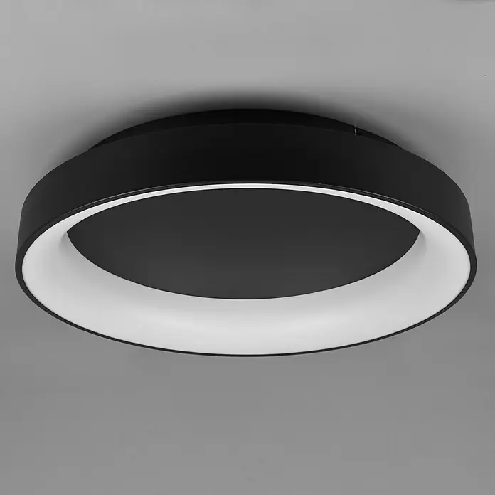 Reality Leuchten Plafón LED redondo Girona - 48 W, Ø x Al: 60 x 12 cm, Negro, Blanco frío - Una moderna lámpara de techo LED negra con un diseño elegante y redondo y una brillante banda de luz blanca.