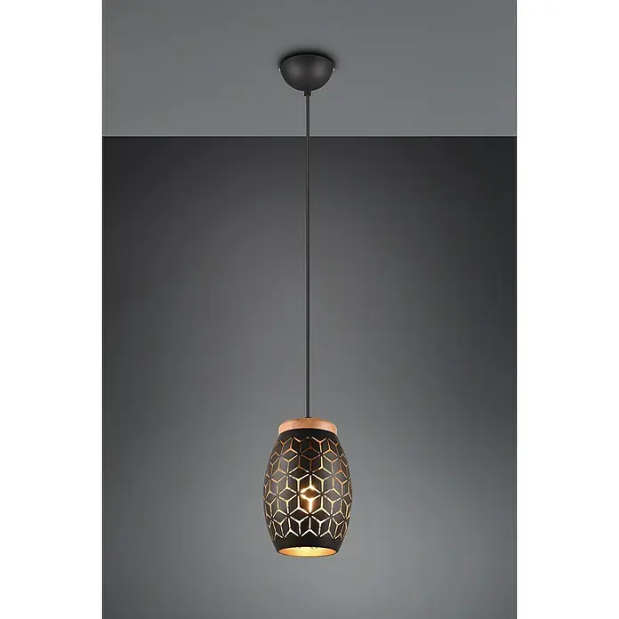 Reality Leuchten Bidar Lámpara colgante - 28 W, L x An x Al: 15 x 15 x 150 cm, Negro, E27 - Elegante lámpara colgante con pantalla negra de diseño geométrico y detalle de madera, que cuelga del techo.
