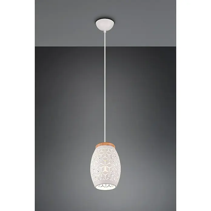 Reality Leuchten Bidar Lámpara colgante - 28 W, L x An x Al: 15 x 15 x 150 cm, Blanco, E27 - Elegante lámpara colgante con pantalla blanca perforada y detalle de madera, ofreciendo iluminación estilosa.