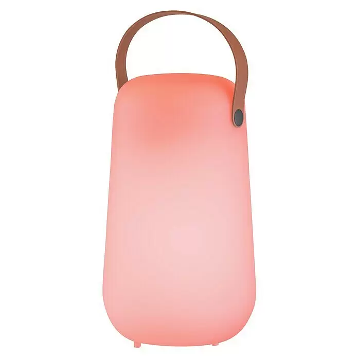 FHL easy Akku-Tischleuchte COLLGAR - 0,5 W, L x B x H: 15,5 x 15,5 x 26 cm, Weiß, RGB - Eine sanftrosa tragbare LED-Laterne mit braunem Griff.