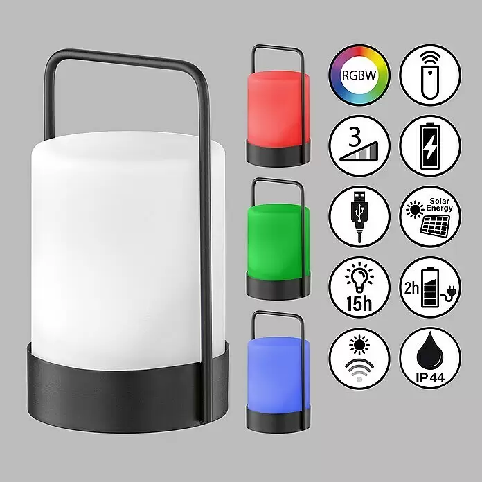 FHL easy Akku-Tischleuchte CASOLI - 0,1 W, L x B x H: 12 x 12 x 20 cm, Weiß, RGB - Schwarz umrandete, tragbare LED-Laterne mit weißem, rotem, grünem, blauem Licht und Funktionssymbolen.