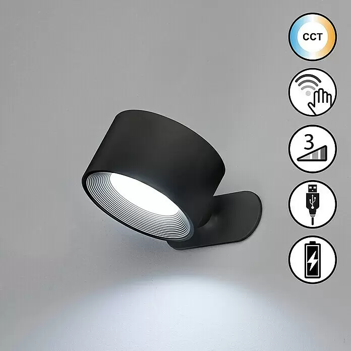 FHL easy Magnetic Akku-Wandleuchte - 9,5 x 8 x 4,5 cm, Schwarz, Mehrfarbig, 2 W, IP20 - Schwarzer Wand-LED-Strahler mit einstellbarer CCT, Touch-Steuerung, 3 Dimmstufen, USB-Ladefunktion und integriertem Akku.