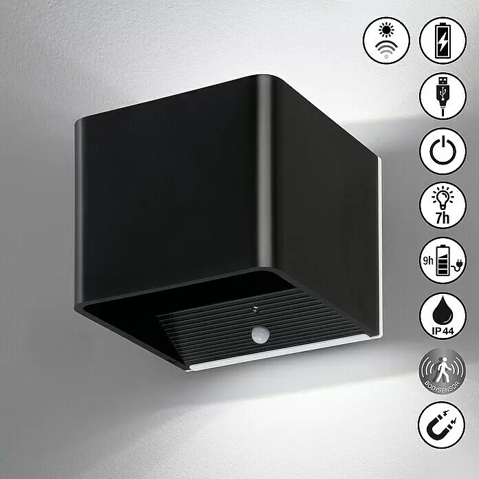 FHL easy Magnetic Akku-Wandleuchte - 10,5 x 10,5 x 8 cm, Sandschwarz, Warmweiß, 2 W, IP44 - Schwarze, rechteckige Außenwandleuchte mit Bewegungssensor, strahlt Licht nach unten ab.