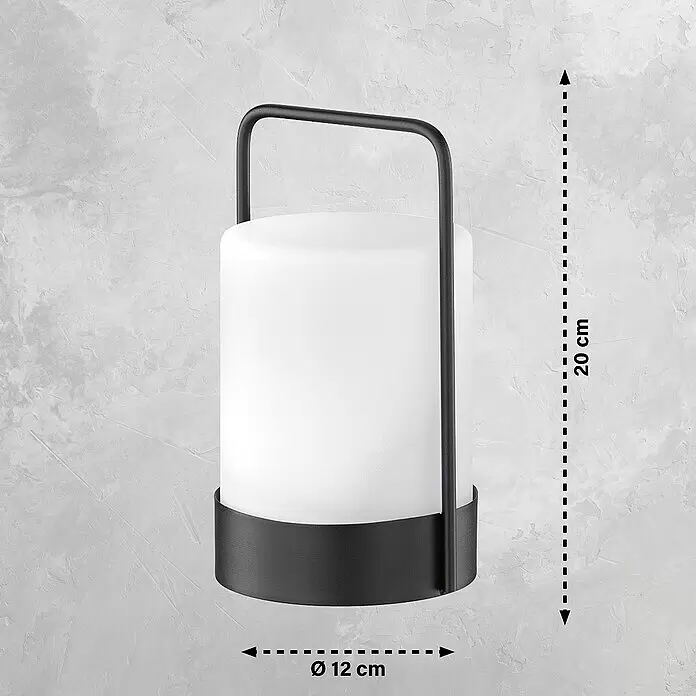 FHL easy Akku-Tischleuchte CASOLI - 0,1 W, L x B x H: 12 x 12 x 20 cm, Weiß, RGB - Schwarze Metall-Tragelampe mit weißem zylindrischem Diffusor und Griff. Maße: 20 cm hoch, 12 cm Durchmesser.