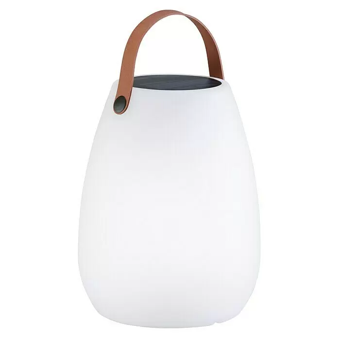 FHL easy Akku-Tischleuchte RUBY Solar - 0,5 W, L x B x H: 18 x 18 x 30 cm, Weiß, RGB - Weiße, birnenförmige, tragbare Laterne mit braunem Kunstledergriff und dunklem Oberteil.