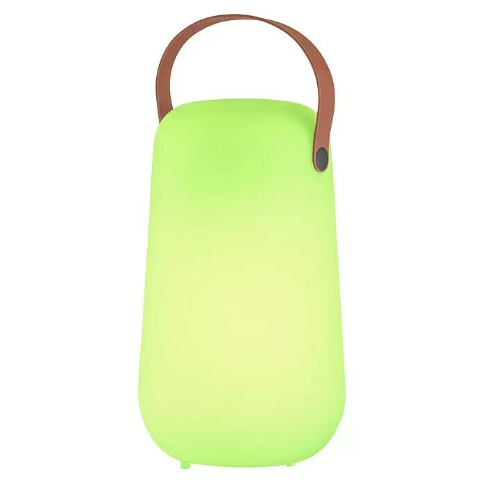 FHL easy Akku-Tischleuchte COLLGAR - 0,5 W, L x B x H: 15,5 x 15,5 x 26 cm, Weiß, RGB - Hellgrüne tragbare Lampe mit braunem Tragegriff.