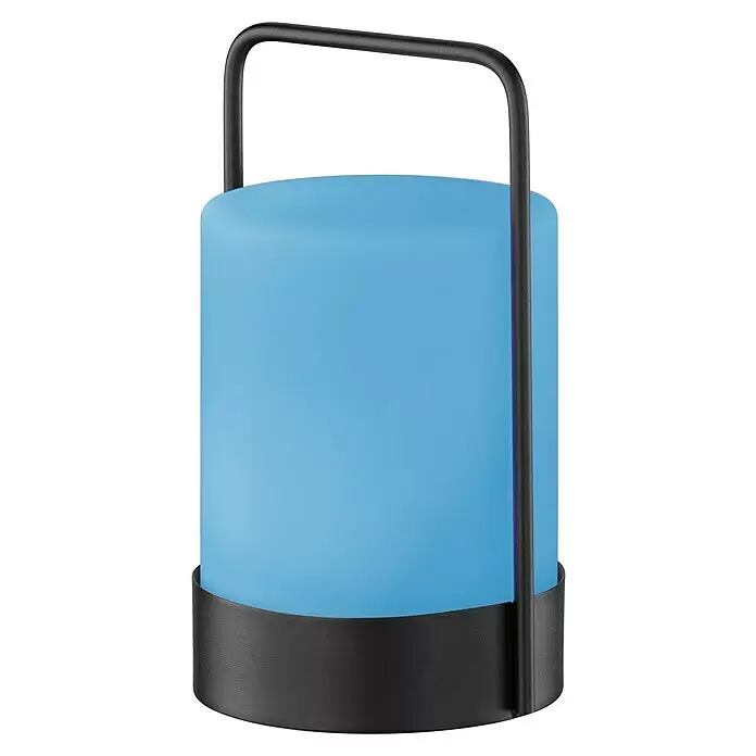 FHL easy Akku-Tischleuchte CASOLI - 0,1 W, L x B x H: 12 x 12 x 20 cm, Weiß, RGB - Blaue zylindrische Lampe mit schwarzem Metallgriff und Sockel.