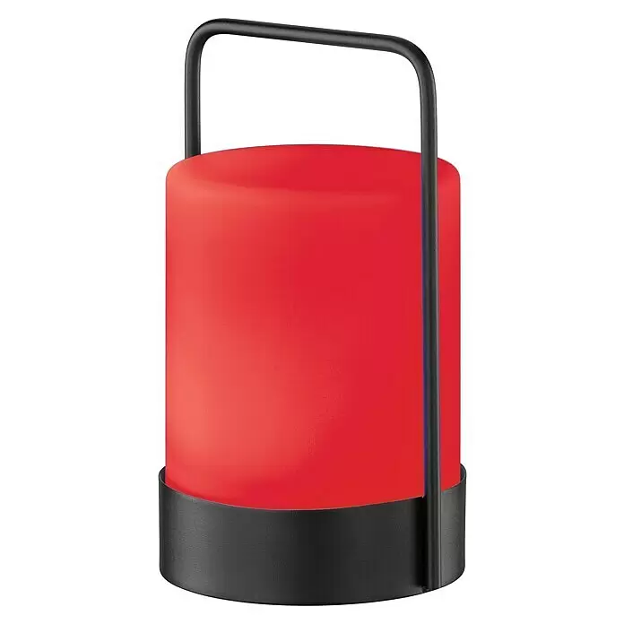 FHL easy Akku-Tischleuchte CASOLI - 0,1 W, L x B x H: 12 x 12 x 20 cm, Weiß, RGB - Rote zylindrische Handleuchte mit schwarzem Metallgriff und -sockel.