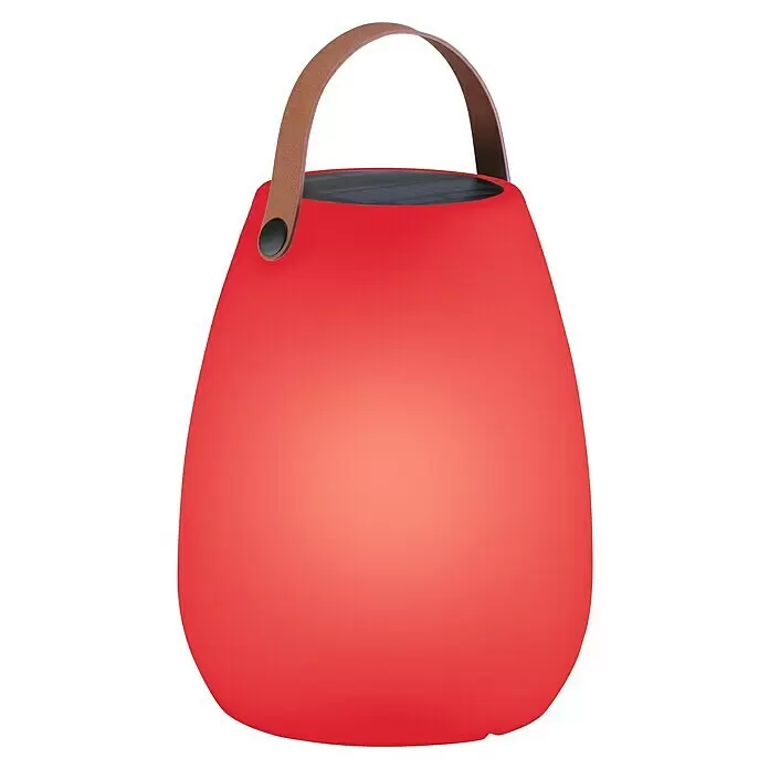 FHL easy Akku-Tischleuchte RUBY Solar - 0,5 W, L x B x H: 18 x 18 x 30 cm, Weiß, RGB - Eine rote, ovale tragbare Lampe mit braunem Tragegriff.