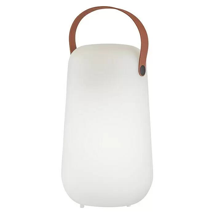 FHL easy Akku-Tischleuchte COLLGAR - 0,5 W, L x B x H: 15,5 x 15,5 x 26 cm, Weiß, RGB - Weiße tragbare Lampe mit braunem Ledergriff.