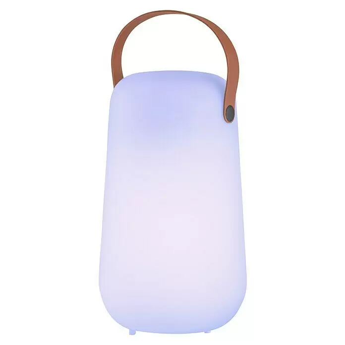 FHL easy Akku-Tischleuchte COLLGAR - 0,5 W, L x B x H: 15,5 x 15,5 x 26 cm, Weiß, RGB - Tragbare hellviolette Lampe mit braunem Griff.