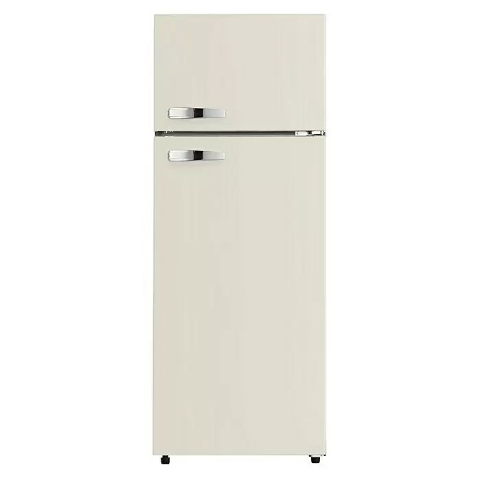 PKM Kühl-Gefrierkombination GK210 2 CR - Nutzinhalt Gesamt: 206 l, 54,5 x 54 x 143 cm, Creme - Cremefarbener Retro-Kühlschrank mit zwei Türen und Chromgriffen.