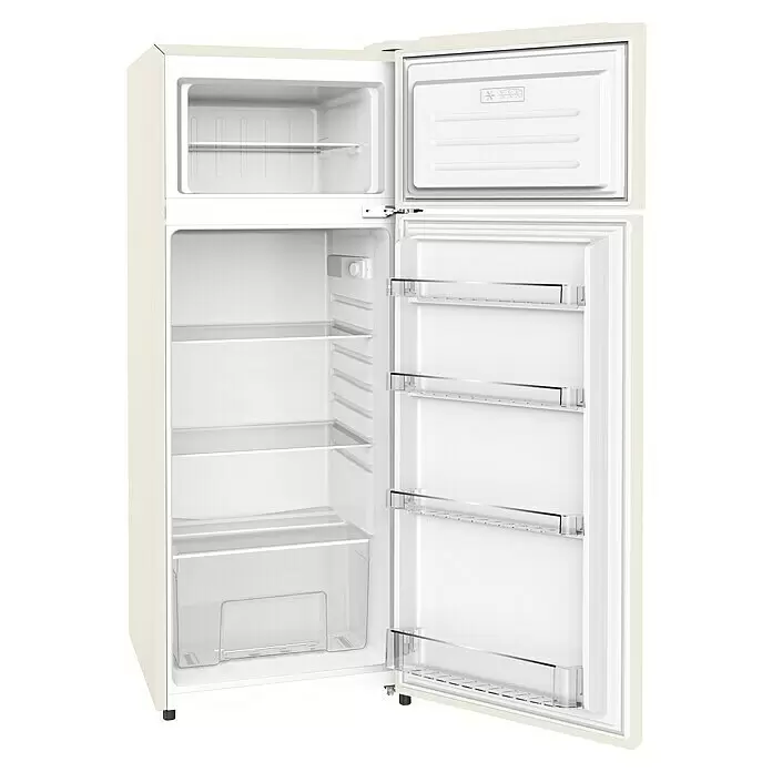 PKM Kühl-Gefrierkombination GK210 2 CR - Nutzinhalt Gesamt: 206 l, 54,5 x 54 x 143 cm, Creme - Cremefarbener zweitüriger Kühlschrank mit offenen Türen, der eine weiße Innenausstattung mit Glasböden und transparenten Türfächern zeigt.
