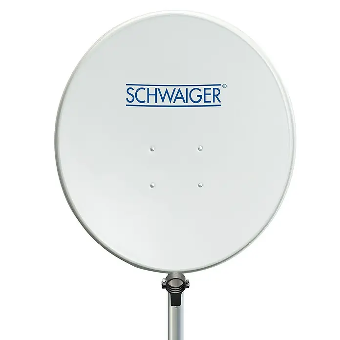 Schwaiger Satelliten-Antenne Offset SPIS7078 - Hellgrau, Durchmesser Spiegelfläche: 70 cm, Antennengewinn: 37 dB - 38,5 dB - Weiße Satellitenschüssel der Marke Schwaiger mit Montagepfosten, ideal für den Empfang von Satellitenfernsehen.