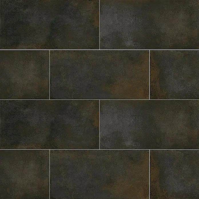 Terrassenfliese Rusty 2.0 - 60 x 120 x 2 cm, Anthrazit, Matt - Bild von dunklen, rechteckigen Keramikfliesen mit einer strukturierten Oberfläche, die ein modernes und industrielles Aussehen verleihen.