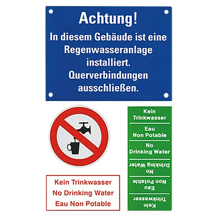 4rain Technikpaket Haus-Premium - Passend für: 4Rain & Garantia Regenwassertanks - Warnschild: Achtung! Regenwassernutzung. Kein Trinkwasser. Das Schild warnt vor einer Regenwasseranlage im Gebäude und kennzeichnet Nicht-Trinkwasser.