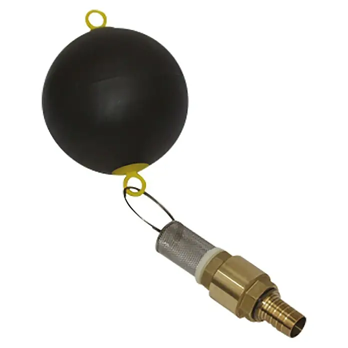 4rain Technikpaket Haus-Premium - Passend für: 4Rain & Garantia Regenwassertanks - Abgebildet ist ein schwimmender Ansaugfilter mit einem schwarzen Schwimmer, gelben Befestigungen und einem Messing-Saugkopf.