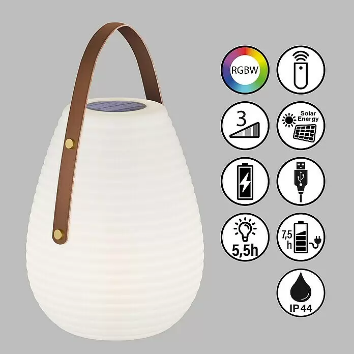 SCHÖNER WOHNEN-Kollektion Akku-Tischleuchte BELL - 2 W, L x B x H: 27 x 27 x 46 cm, Weiß, RGB - Weiß gerippte, tragbare Laterne mit braunem Ledergriff und Solarpanel, mit RGBW-Licht, Fernbedienung und IP44-Wasserdichtigkeit.