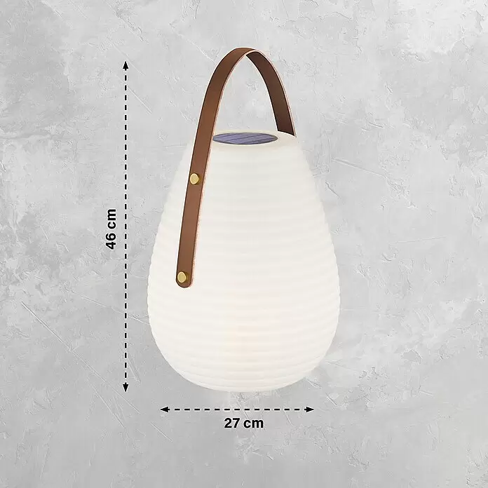 SCHÖNER WOHNEN-Kollektion Akku-Tischleuchte BELL - 2 W, L x B x H: 27 x 27 x 46 cm, Weiß, RGB - Weißes, geripptes Solarlaterne mit braunem Ledergriff, tropfenförmig.