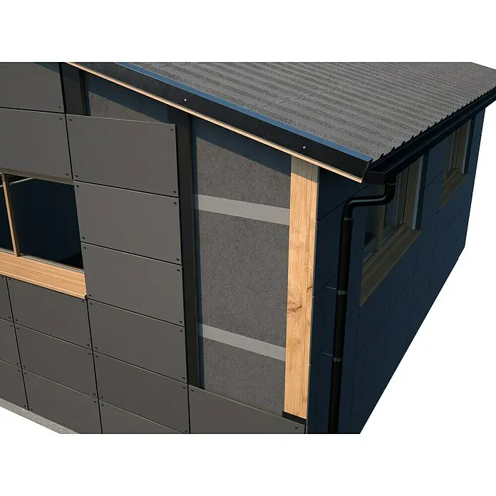 Probau Dachunterdeckbahn - 75 m², 50 x 1,5 m, Polypropylen-Spinnvlies - Nahaufnahme eines Hauses mit einer Fassade aus grauen Paneelen, die mit Nieten befestigt sind und ein modernes Design aufweisen.