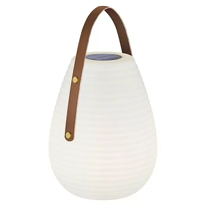 SCHÖNER WOHNEN-Kollektion Akku-Tischleuchte BELL - 2 W, L x B x H: 27 x 27 x 46 cm, Weiß, RGB - Weiße gerippte Solarlaterne mit braunem Ledergriff und goldfarbenen Nieten.