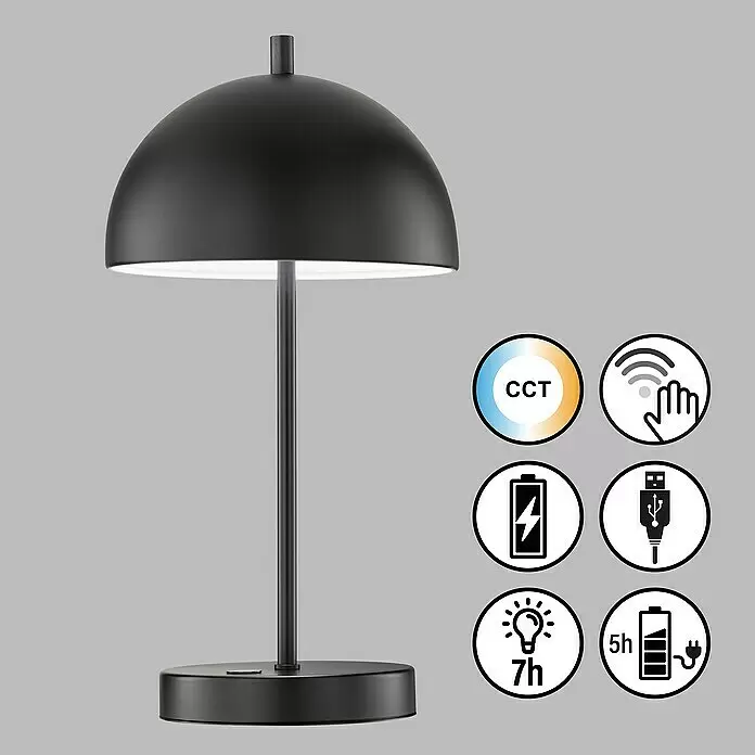 SCHÖNER WOHNEN-Kollektion Akku-Tischleuchte KIA - 2 W, L x B x H: 16 x 16 x 27 cm, Schwarz, Mehrfarbig - Elegante schwarze tragbare Tischleuchte mit Kuppelschirm, rundem Sockel, USB-aufladbar, CCT-verstellbar und Touch-Steuerung.