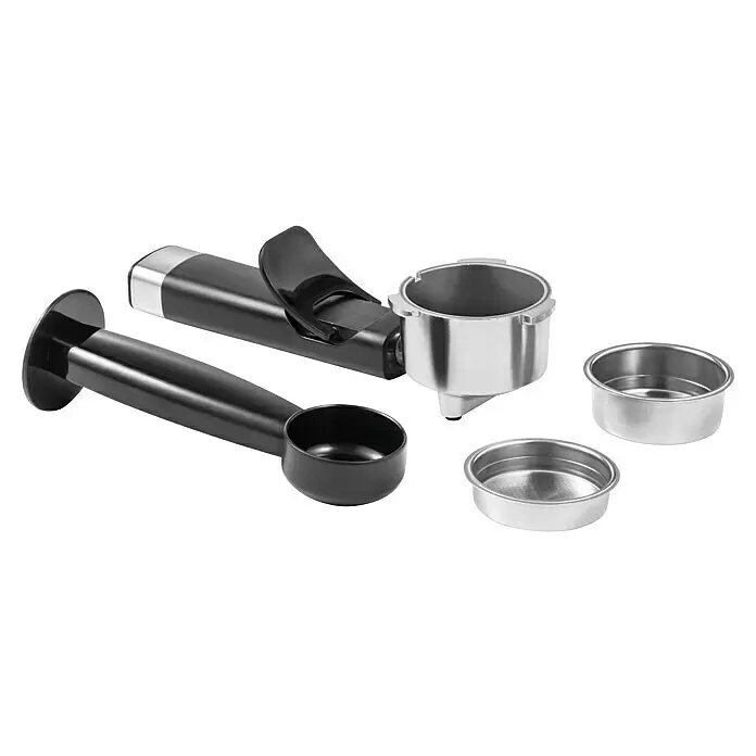 Espressomaschine President - Silber/Schwarz, Edelstahl - Schwarzer und silberner Espressomaschinen-Siebträger mit Filterkörbchen und Messlöffel.