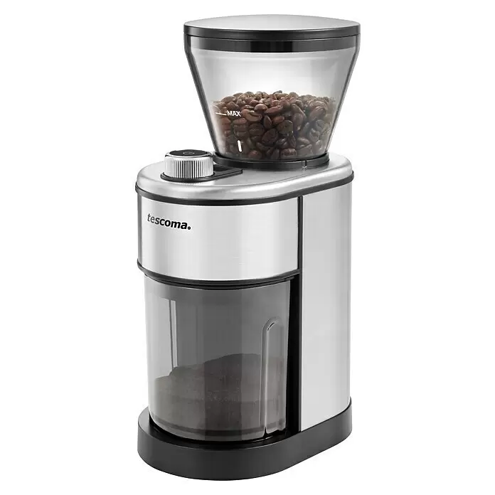 Kaffeemühle President - Silber/Schwarz, Edelstahl - Kaffeemühle aus gebürstetem Edelstahl mit transparenten Behältern für ganze Bohnen und gemahlenen Kaffee und Einstellrad.