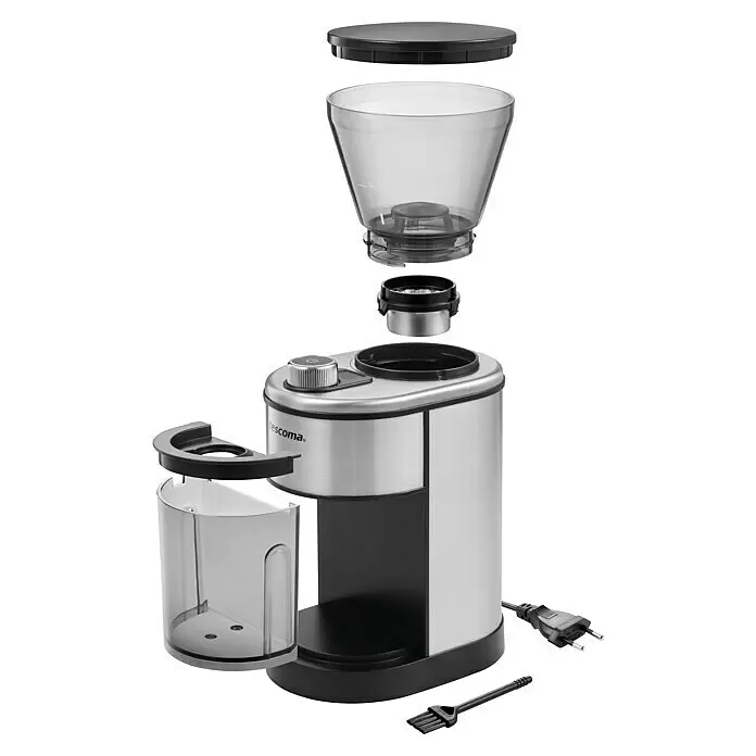 Kaffeemühle President - Silber/Schwarz, Edelstahl - Zerlegte Kaffeemühle mit gebürstetem Silber, schwarzen und transparenten Teilen, Netzkabel und Reinigungsbürste.