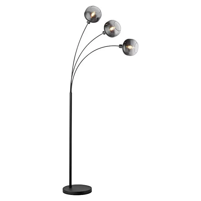 Just Light Zea Stehleuchte - 25 W, Höhe: 160 cm, Schwarz, E14 - Schwarze Stehleuchte mit drei gebogenen Armen und rauchgrauen kugelförmigen Glasschirmen mit beleuchteten Glühbirnen.