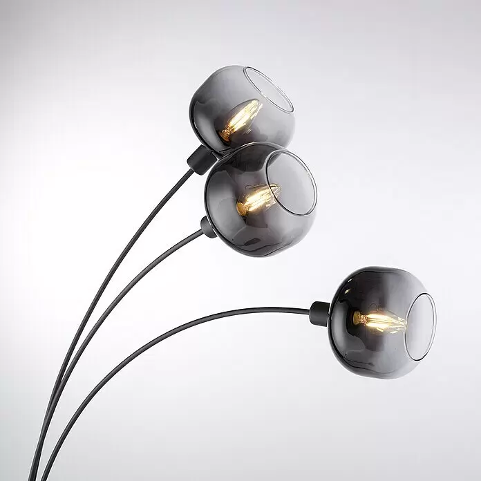 Just Light Zea Stehleuchte - 25 W, Höhe: 160 cm, Schwarz, E14 - Dreiflammige Stehleuchte mit Rauchglas-Kugelschirmchen und sichtbaren Edison-Glühbirnen an schwarzen gebogenen Armen.