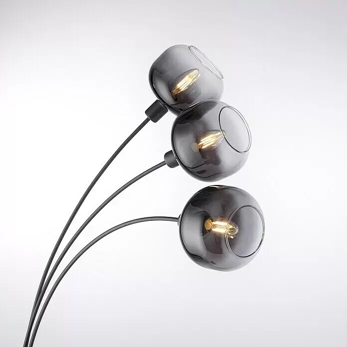 Just Light Zea Stehleuchte - 25 W, Höhe: 160 cm, Schwarz, E14 - Moderne Stehleuchte mit drei dunklen kugelförmigen Rauchglas-Schirmen, jeder mit einer sichtbaren Glühbirne, an schlanken schwarzen Armen.