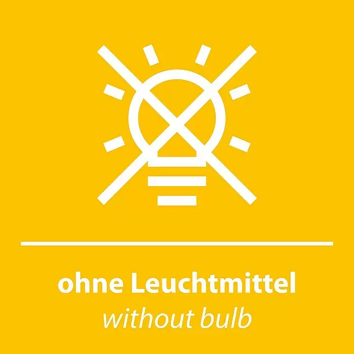 Just Light Zea Stehleuchte - 25 W, Höhe: 160 cm, Schwarz, E14 - Gelbes Schild mit durchgestrichenem Glühbirnen-Symbol, einer horizontalen Linie und dem Text 'ohne Leuchtmittel' und 'without bulb'.