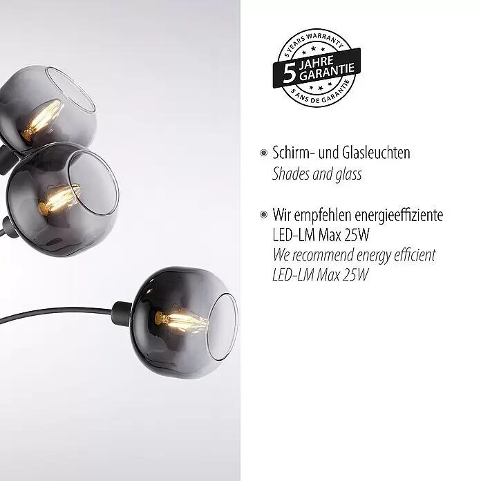 Just Light Zea Stehleuchte - 25 W, Höhe: 160 cm, Schwarz, E14 - Lampe mit mehreren Rauchglas-Schirmen, schwarzem Rahmen und sichtbaren Glühbirnen.