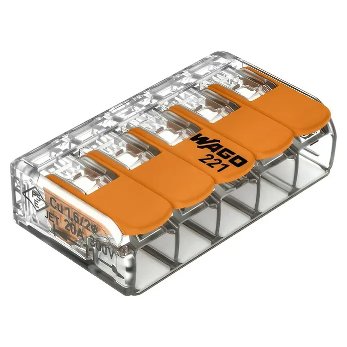 Wago Compact Hebelklemme 221-415 - Anzahl Leiter: 5 Stk., 0,14 mm² - 4 mm², 10 Stk. - Eine fünffache Wago 221-Klemme, transparentes Gehäuse mit orangefarbenen Hebeln, für sichere elektrische Verbindungen in Installationen.